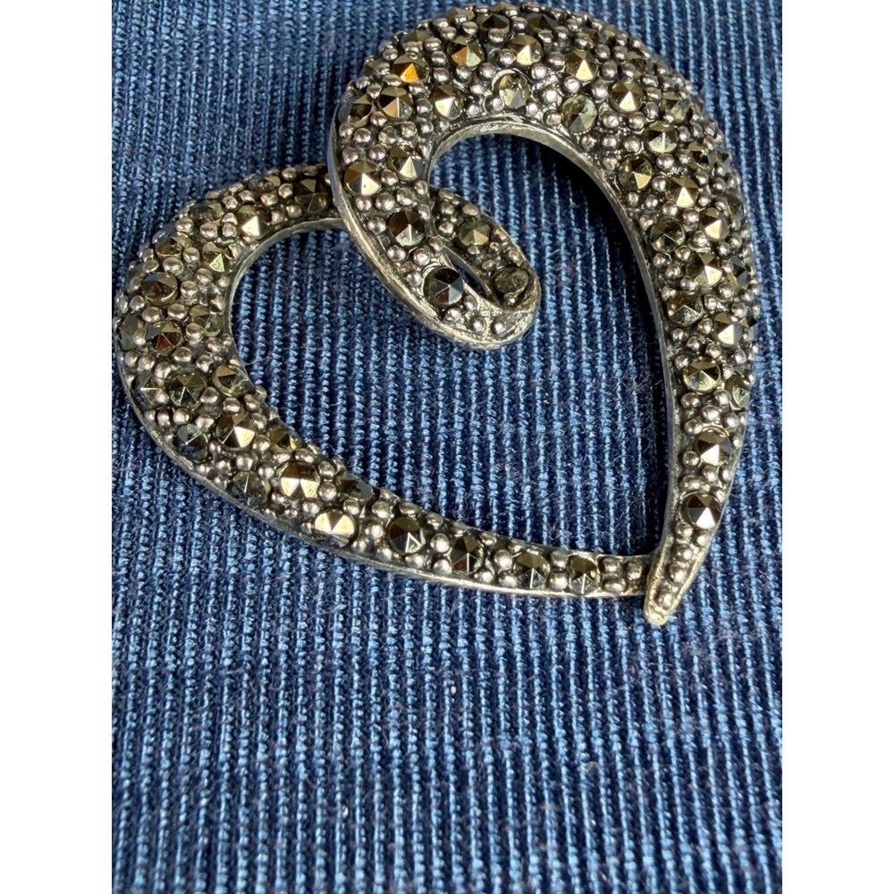 Vintage 925 Sterling Silver Marcasite Open Heart Slide Pendant Swirl Design